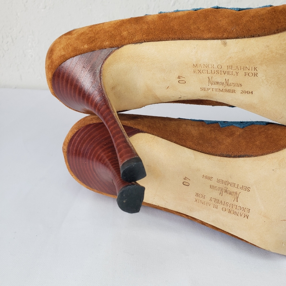 Manolo Blahnik Teal Tan Heels Pointy Toe - Picture 9 of 12